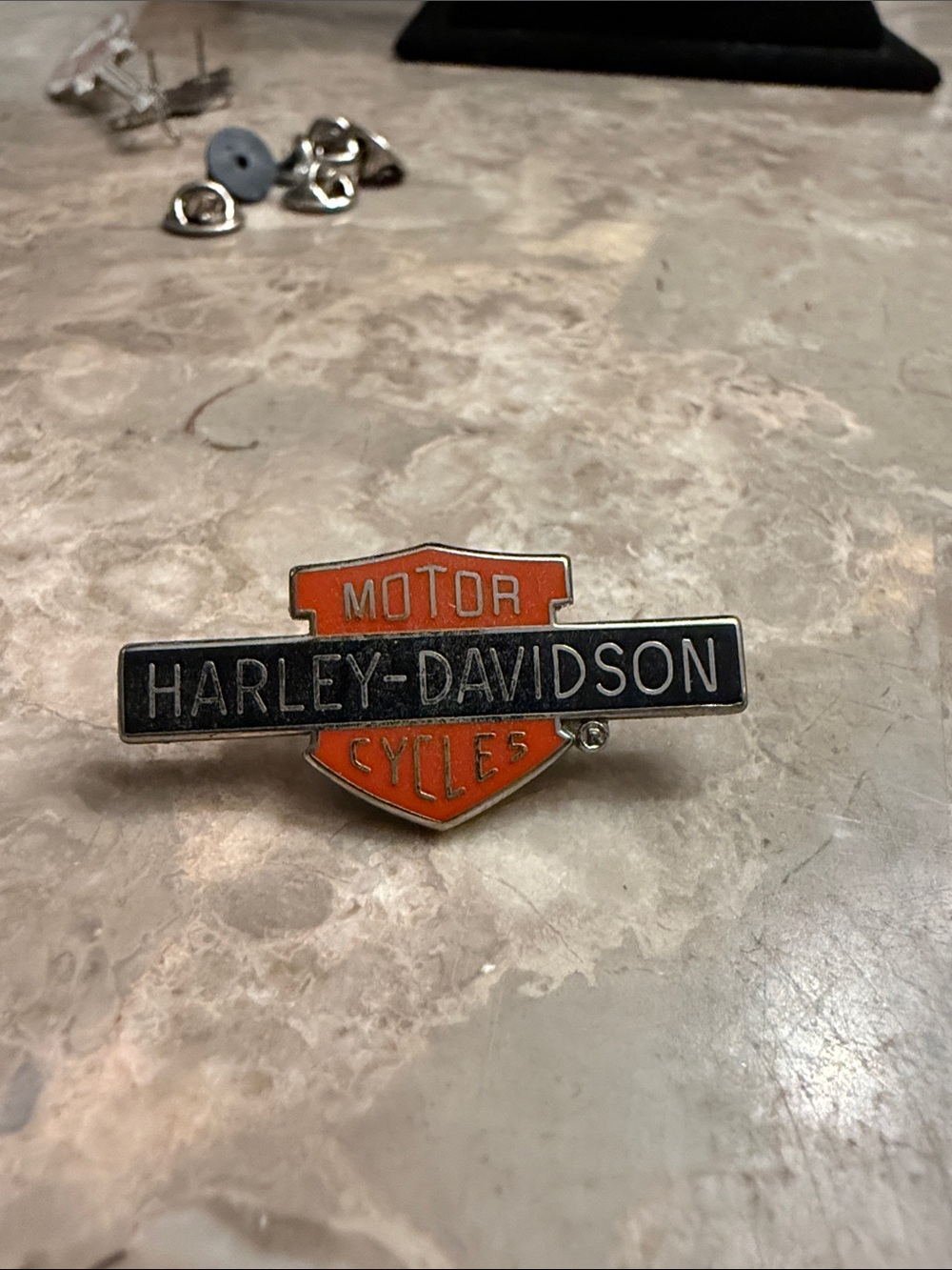 Vintage 1970s elongated bar and shield Silvertone and enamel pin Harley Davidson